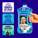 Graphic of a hand holding a blue Mr. Clean 2X concentrated bottle with callouts about cleaning performance on a purple background
