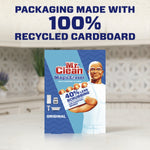 Packaged Mr. Clean Magic Eraser box displayed on a counter under text claiming the packaging is made with 100% recycled cardboard