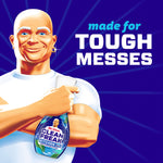 Graphic of Mr. Clean character holding a Clean Freak Kitchen spray bottle with text made for tough messes