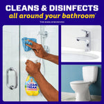 Collage showing bathroom surfaces and a hand using Mr. Clean Clean Freak lemon cleaner on a shower door
