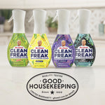 Row of four Mr. Clean Clean Freak multi-purpose cleaner bottles in different scents on a countertop with a Good Housekeeping seal below.