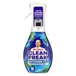 Front-facing bottle of Mr. Clean Clean Freak Kitchen multi-purpose spray with blue label and Mr. Clean logo