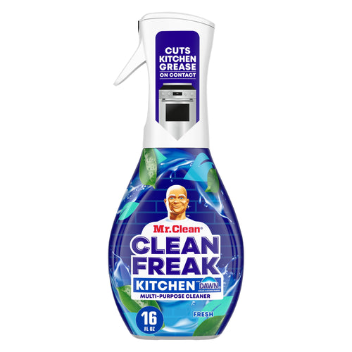 Front-facing bottle of Mr. Clean Clean Freak Kitchen multi-purpose spray with blue label and Mr. Clean logo