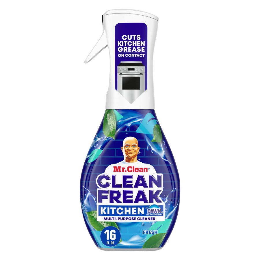 Front-facing bottle of Mr. Clean Clean Freak Kitchen multi-purpose spray with blue label and Mr. Clean logo