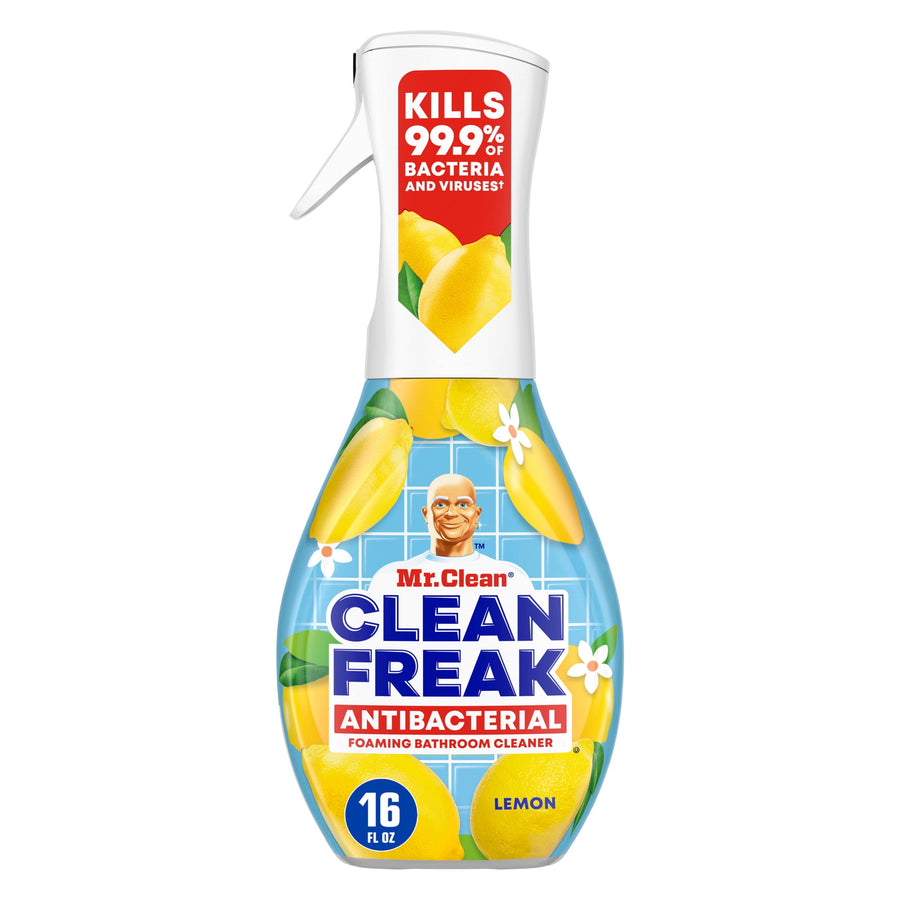 Single Mr. Clean Clean Freak lemon antibacterial foaming bathroom cleaner bottle on white
