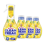 Studio image of a Mr. Clean Clean Freak lemon zest multi-purpose cleaner starter spray bottle with three refill bottles behind it.