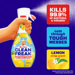Hand holding and spraying a Mr. Clean Clean Freak lemon foaming bathroom cleaner with callouts