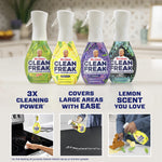Four Mr. Clean Clean Freak multi-purpose cleaner bottles in different scents displayed on a kitchen counter with icons and use photos below.