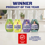 Four Mr. Clean Clean Freak bottles lined up beneath bold headline declaring the product a winner and product-of-the-year badge.