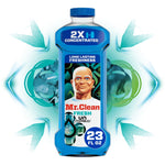 Blue Mr. Clean 2X concentrated multi-surface cleaner bottle with illustrated Mr. Clean logo and decorative teal background
