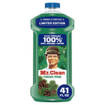 Front view of a green Mr. Clean Fresh Pine multi-surface cleaner bottle with label and pinecone graphics