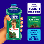 Hand holding a Mr. Clean Fresh Pine bottle beside callouts highlighting long-lasting freshness and tough mess cleaning claims