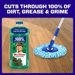 Mr. Clean Fresh Pine bottle next to a mop on a wood floor with headline claiming it cuts through dirt, grease and grime