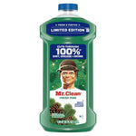 Front studio image of Mr. Clean Fresh Pine multi-surface cleaner bottle with visible label, pinecones and product copy