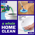 Promotional graphic showing Mr. Clean Fresh Pine being poured into a toilet, mopping floor and wiping a sink for whole-home cleaning