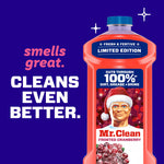 Bold text claim beside a limited-edition Mr. Clean Frosted Cranberry bottle on a purple background