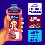 Graphic of a hand holding a limited-edition Mr. Clean Frosted Cranberry bottle with feature callouts