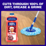Mr. Clean bottle on a wood floor next to a blue mop head with headline about cutting through dirt and grime