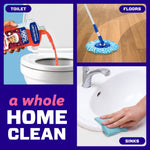 Three-panel graphic showing Mr. Clean bottle used for toilet, floors with mop, and sink cleaning