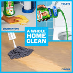 Collage showing Mr. Clean bottle used on countertops, floors and toilets with central text 'A WHOLE HOME CLEAN'.