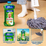 Mr. Clean Gain-scent bottle on a floor next to a mop and person’s socked feet, product benefits panels below