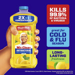 Illustrated hand holding a Mr. Clean lemon antibacterial bottle with callouts about germ-killing benefits.