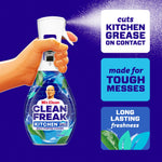 Illustration of a hand spraying Mr. Clean Clean Freak Kitchen bottle with text callouts about cutting kitchen grease