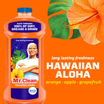 Mr. Clean Hawaiian Aloha bottle shown against an orange background with large hibiscus and text promoting the scent