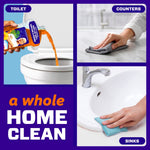Collage showing Mr. Clean Hawaiian Aloha being poured into a toilet and hands cleaning counters and sinks with product branding