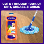 Mr. Clean Hawaiian Aloha bottle beside a mop on a hardwood floor with headline claiming it cuts through dirt, grease and grime