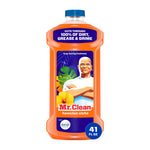Front-facing Mr. Clean Hawaiian Aloha orange cleaner bottle with label showing the Mr. Clean mascot and hibiscus artwork