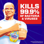 Illustrated Mr. Clean holding a Clean Freak lemon cleaner beside kills 99.9% claim