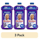 Three purple Mr. Clean Lavender 2X concentrated floor cleaner bottles shown side by side with a '3 Pack' label