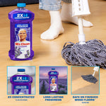 Mr. Clean Lavender 2X concentrated bottle on a floor next to a mop and socked feet, with usage thumbnails below