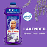 Close-up of Mr. Clean Lavender 2X concentrated bottle with Febreze logo and lavender sprigs on a purple background