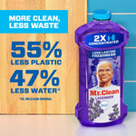 Mr. Clean Lavender 2X bottle pictured beside wood surface graphic with text claiming '55% less plastic, 47% less water'