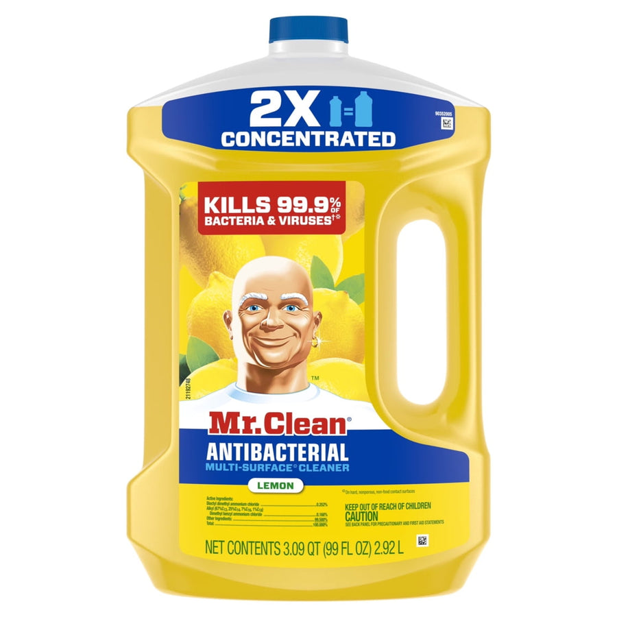 Front view of a yellow Mr. Clean antibacterial lemon multi-surface cleaner bottle labeled 2X concentrated