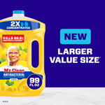 Partial front of a Mr. Clean 2X concentrated lemon cleaner bottle with text callout 'NEW LARGER VALUE SIZE' on blue background