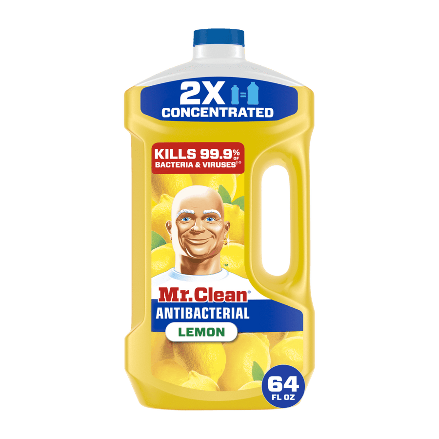Front-facing Mr. Clean antibacterial lemon multi-surface cleaner bottle with 2X concentrated label and 64 fl oz badge