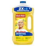 Front-on product shot of Mr. Clean lemon antibacterial multi-surface cleaner highlighting label, handle, and 2X concentrated banner