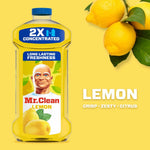 Mr. Clean lemon bottle on a yellow background with lemons and text promoting 'LEMON' freshness