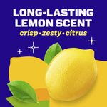 Graphic panel with a large lemon image and text promoting 'Long-lasting lemon scent' with descriptive words crisp, zesty, citrus
