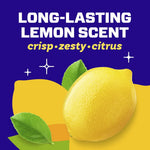 Graphic close-up of a lemon with text proclaiming ‘Long-lasting lemon scent’ on a purple background.