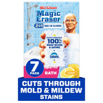 Mr. Clean Magic Eraser Bath packaging showing logo, lemon graphic and 7 pads callout with bathtub background