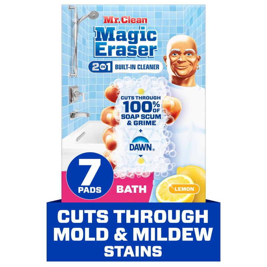 Mr. Clean Magic Eraser Bath packaging showing logo, lemon graphic and 7 pads callout with bathtub background