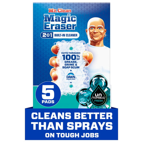 Front-facing product box of Mr. Clean Magic Eraser with large '5 pads' badge, foam visuals and Mr. Clean mascot