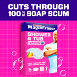 Box-style product image of Mr. Clean Magic Eraser Shower & Tub on a pink tiled background with bubbles and the mascot.
