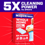 Promotional graphic with a boxed Mr. Clean Magic Eraser package on red background and large "5X Cleaning Power" headline