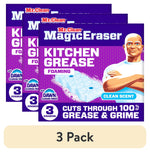 Three overlapping purple Mr. Clean Magic Eraser Kitchen Grease boxes showing product art and Mr. Clean mascot