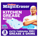 Front-facing purple Mr. Clean Magic Eraser Kitchen Grease box with clean scent badge and textured eraser illustration